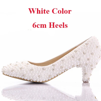 White 6cm Heels Свадебные туфли покупатель может изменять размер каблука Жемчужно-белые туфли на низком каблуке Танцевальная вечерняя обувь для торжеств и мероприятий - Цвет: White 6cm Heels