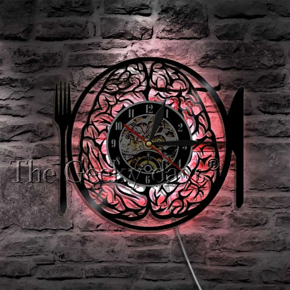 Настенные 3d часы с виниловой пластиной и вилкой не съешь мой мозг|Настенные часы|