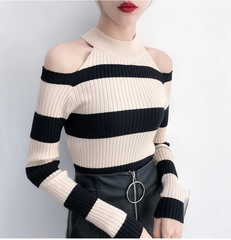 Sueter Mujer,, водолазка, сексуальный, с открытыми плечами, свитера, пуловеры, Pull Femme, длинный рукав, свитер в полоску, женская зимняя одежда