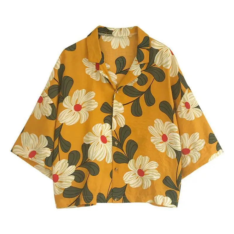 

2019 Hot Summer Women's Casual Blouse Shirt Leaves Chiffon Print V-Neck Half Sleeve Lady's Top Fashion Women Loose Blusas