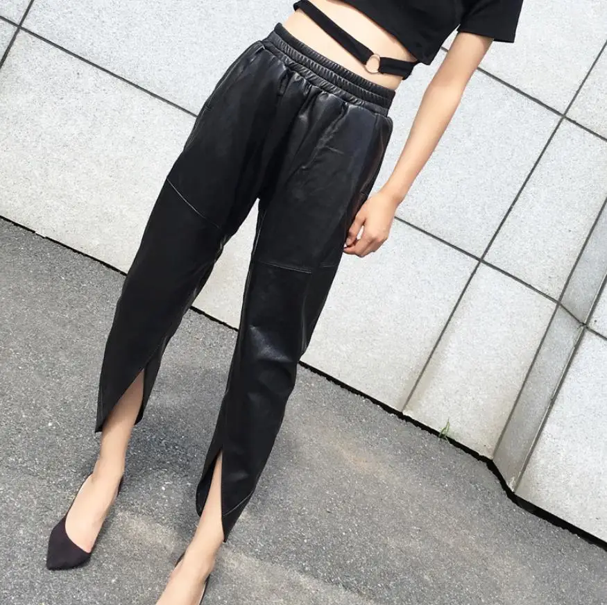 

Fashion split design Genuine sheep leather pants fashion female elastic waist leisure hollow cut leather pant wq854 dropship