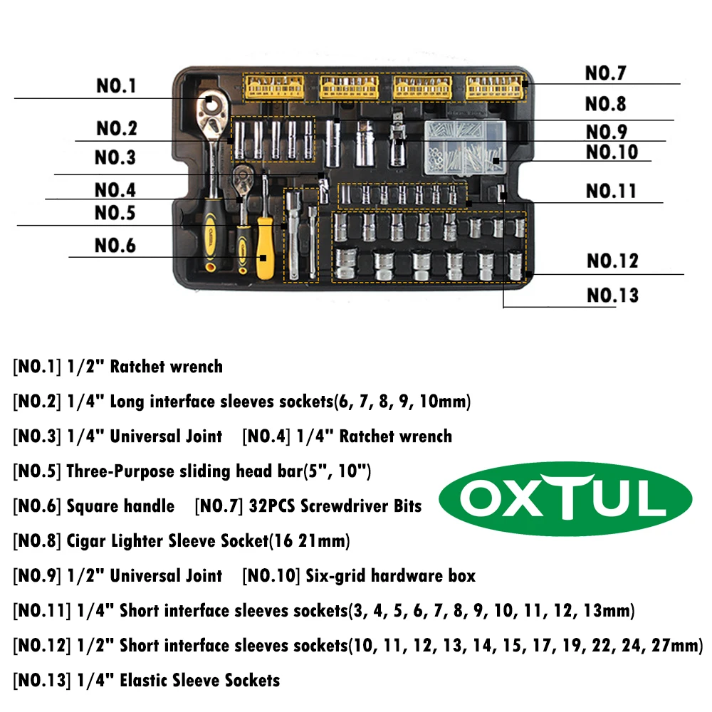 OXTUL 255 шт набор профессиональных ручных инструментов+ коробка для инструментов для прокатки торцевой ключ трещотка отвертка молоток нож набор инструментов ящик для хранения