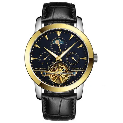 Black gold leather Гарантия 12 месяцев турбийон часы Роскошные Мужские механические часы бренд GUANQIN сапфир Водонепроницаемые 100 м модные мужские часы - Цвет: Black gold leather