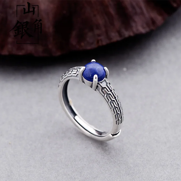 

Кольцо из тайского стерлингового серебра S925 в стиле ретро, Открытое кольцо с натуральным лазуритом на указательный палец, женское ретро