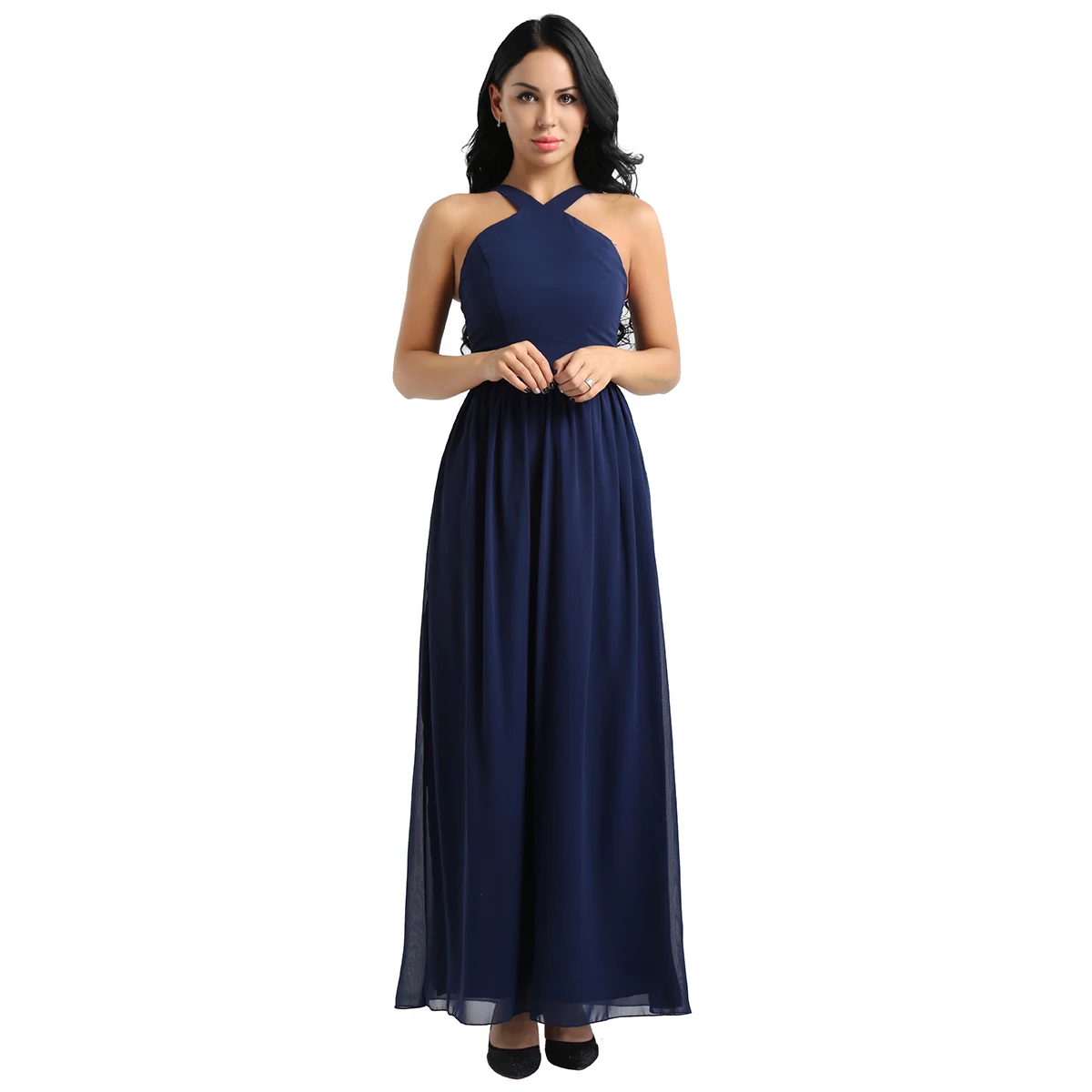 Navy Blue Tiaobug/женские шифоновые Элегантные платья подружки невесты с перекрещивающимися бретелями, вечерние платья для выпускного вечера, длинное свадебное платье - Цвет: Navy Blue