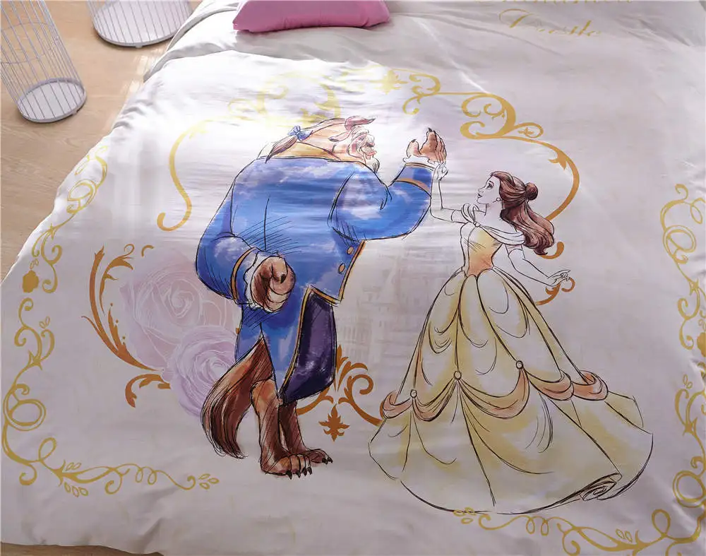 Disney красота и чудовище постельных принадлежностей королева размер девушки пара украшения спальни Египетский хлопок одеяло пододеяльники Твин Полный кровать