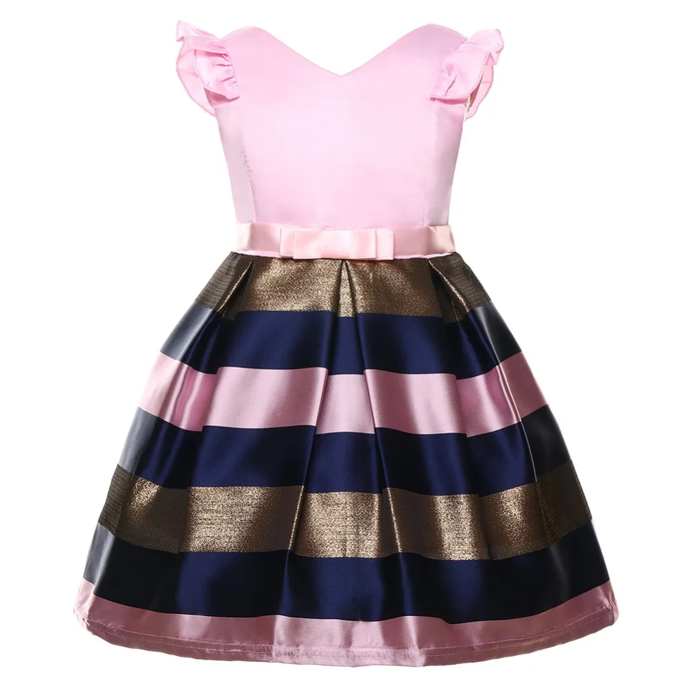 Платье детское в полоску с бантом V-образным вырезом лето 2019 | Детская одежда и