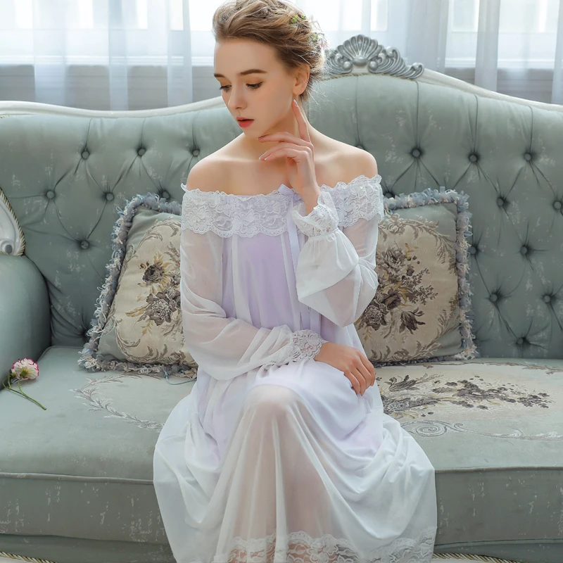 

2020 spring fashion European palace Slash neck sexy princess sleep dress super soft beauty goddess lace sleepwear wj1986