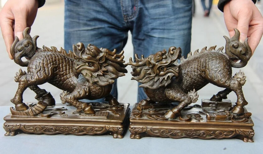 

bi002234 Chinese Royal Copper Bronze Feng Shui Evil Foo Dog Lion Kylin Kilin Kirin Pair