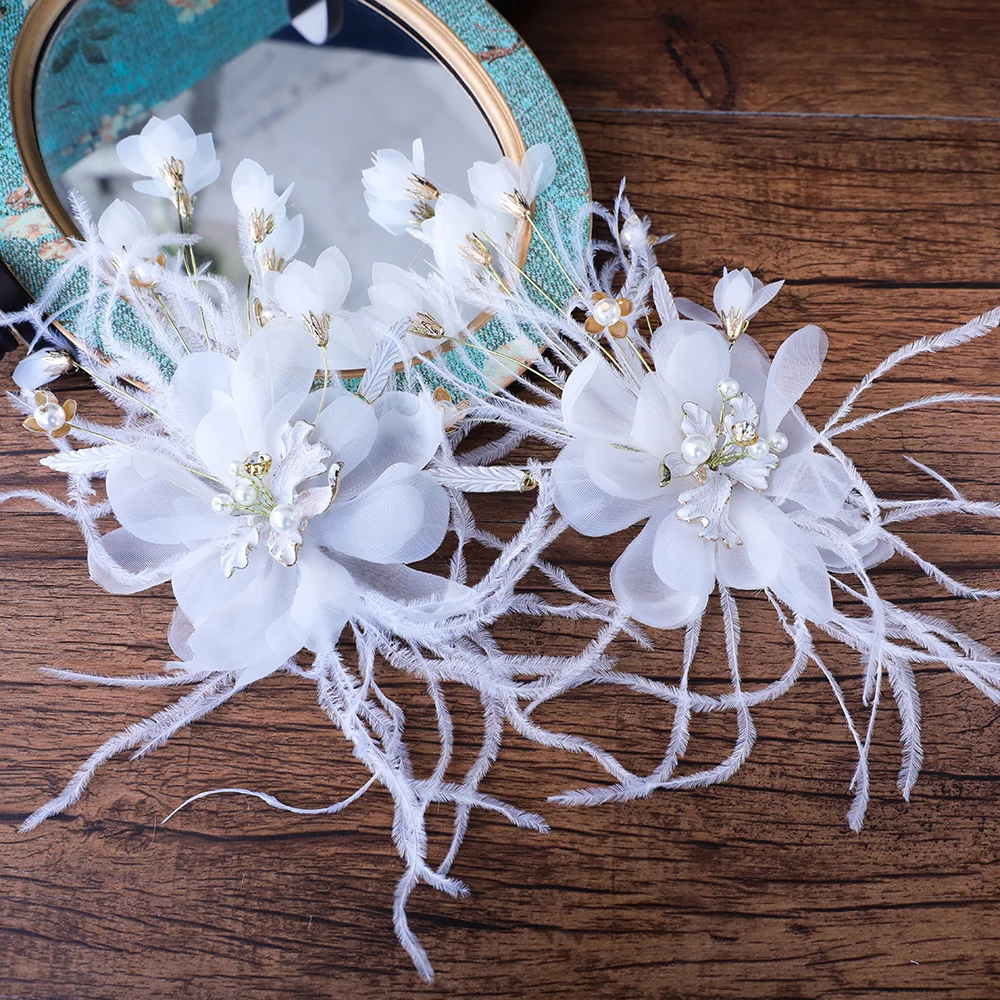 Одна пара искусственных цветов заколки перья для волос белые свадебный головной
