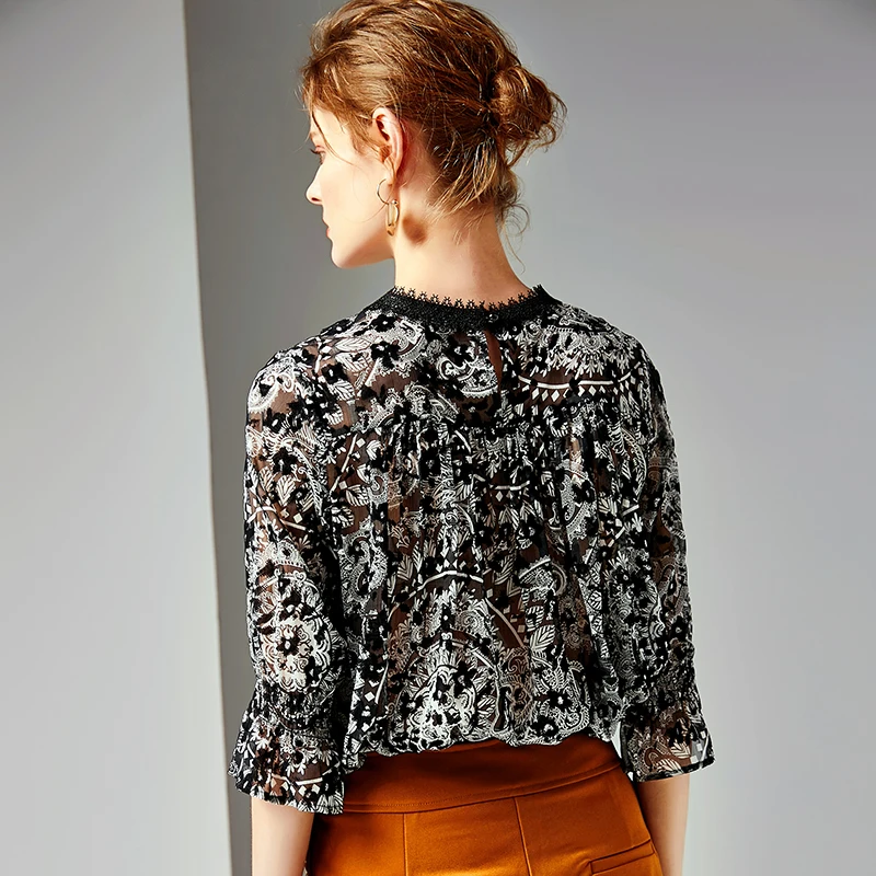 2019 Women's Runway Shirts O Neck Sexy Keyhole Lace Patchwork Printed Ruffles Elegant Blouse Tops |