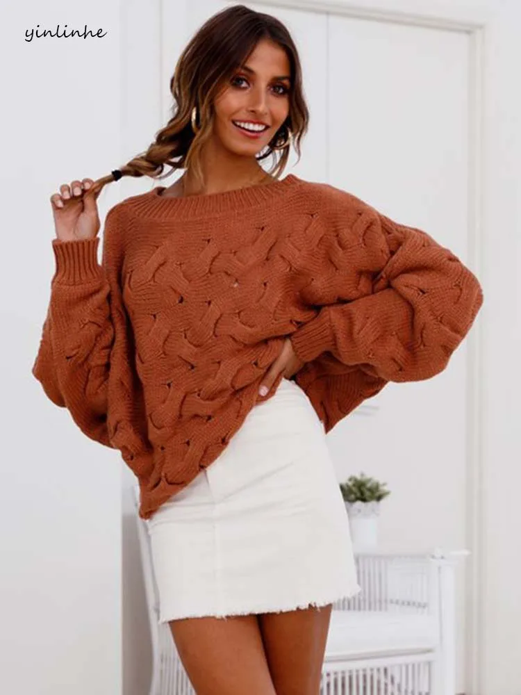 yinlinhe brown Autumn Winter loose Sweater Women Long Sleeve Twist knot Jumpers Knitted Pullovers Casual 1203 | Женская одежда
