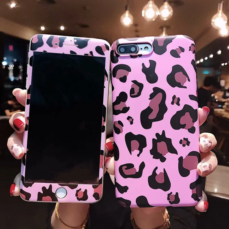 For iPhone XS Leopard case + Tempered Glass Screen protector film &amp Soft Cover for 8plus 7 8 7P XR X Max 6 6S 6SPlus |