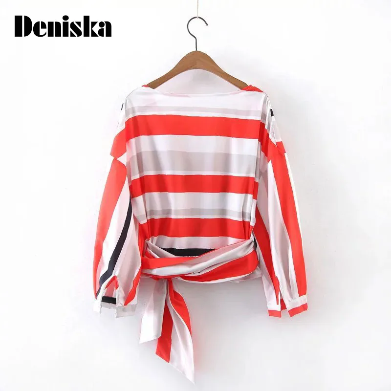 Дениска женские красные в полоску со складками свободные рубашки крест