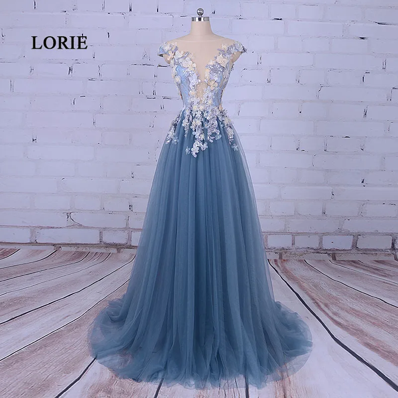 LORIE/вечерние женские платья трапециевидной формы с глубоким декольте, украшенные цветами; синее платье для выпускного вечера на выпускной; vestido de festa; - Цвет: Синий
