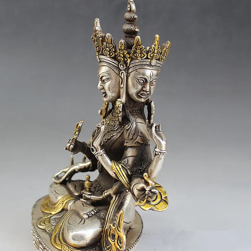 Тибетский буддийский храм Серебряный три лица восемь рук Kwan Yin статуя Будды