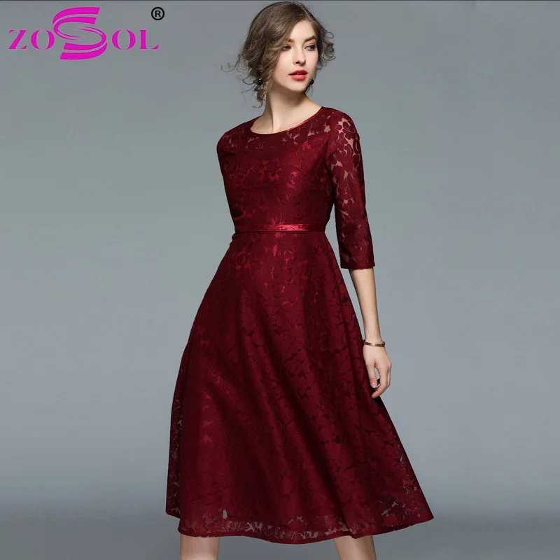 ZOSOL Для женщин Весна кружевное платье Модная Тонкий О образным вырезом