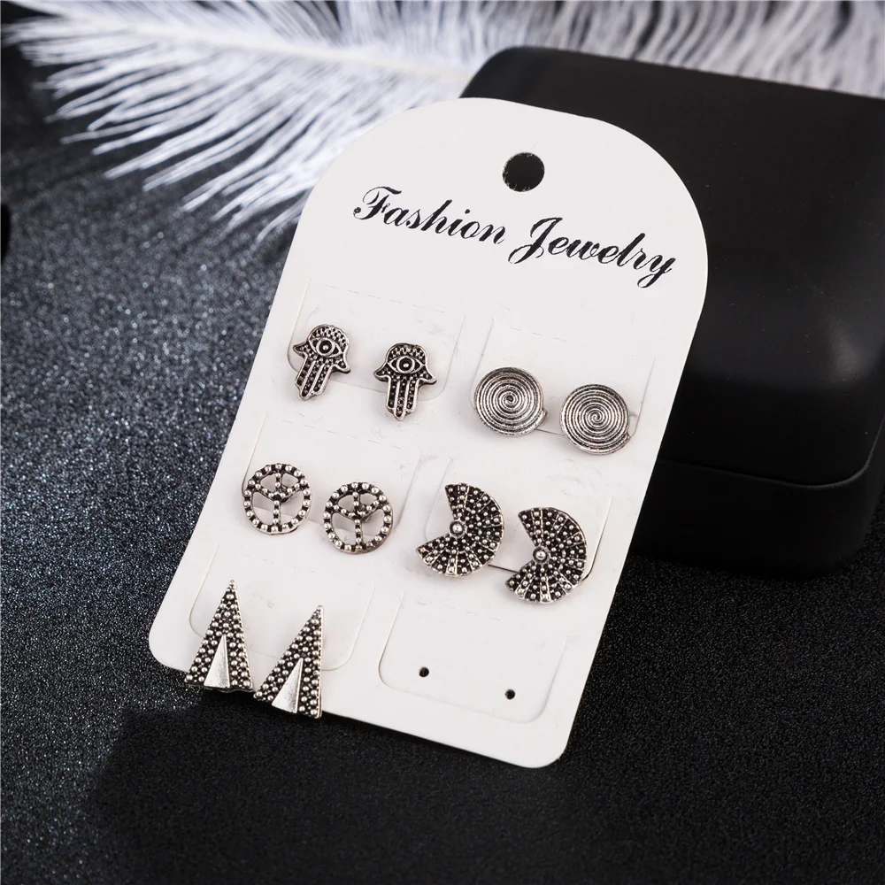 

WNGMNGL 5 Pairs/Set 2018 Bohemia Retro Geometric Peace Hand Triangle Silver Color Earrings Set for Women Party Statement Jewelry