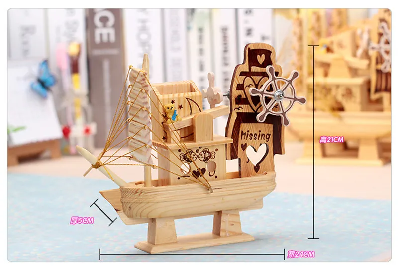 Музыкальная шкатулка ручной работы большой парусник деревянный Рождественский