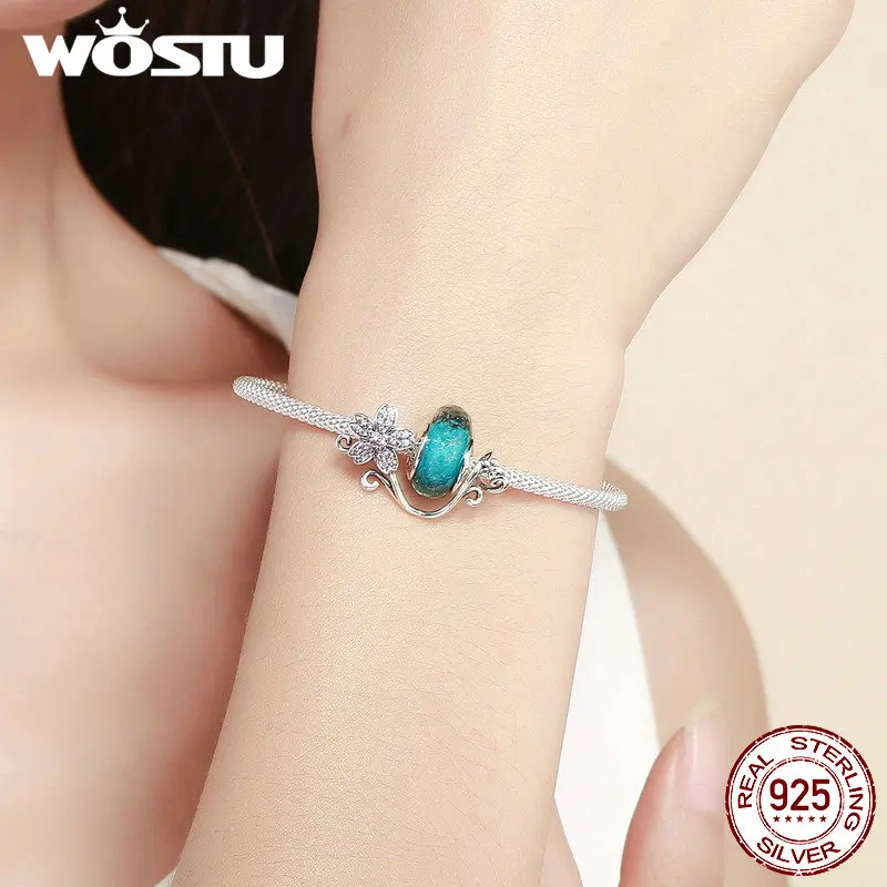 WOSTU Стерлинговое Серебро 925 пробы зеленый муранский бисер розовый цветок