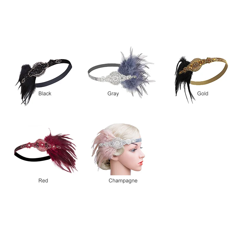 1920s Gatsby Flapper Feather Headband 20s Accessories Crystal Beaded Wedding Headpiece