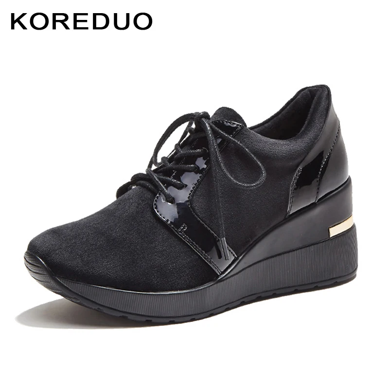 KOREDUO Designer Women cow suede Ankle Boots Female High Top Platform Lace up Wedge heels Sneakers Casual Shoes Bottes mw | Обувь