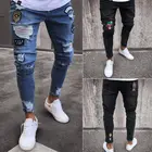 Новые модные мужские облегающие джинсы Рваные зауженные Стрейчевые джинсы бедствия потертые байкерские рваные длинные джинсы для мальчиков