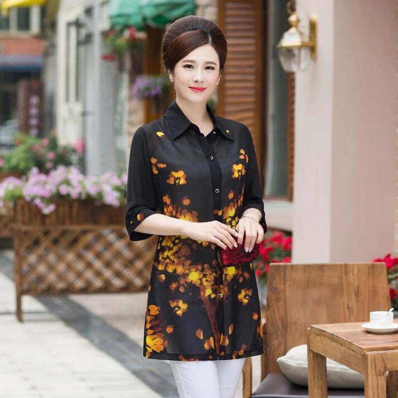 Mother Clothing Summer Print Chiffon Blouse Shirt Cardigans 2019 Middle Aged Women Fashion Plus Size Half Sleeve Casual Tops | Женская