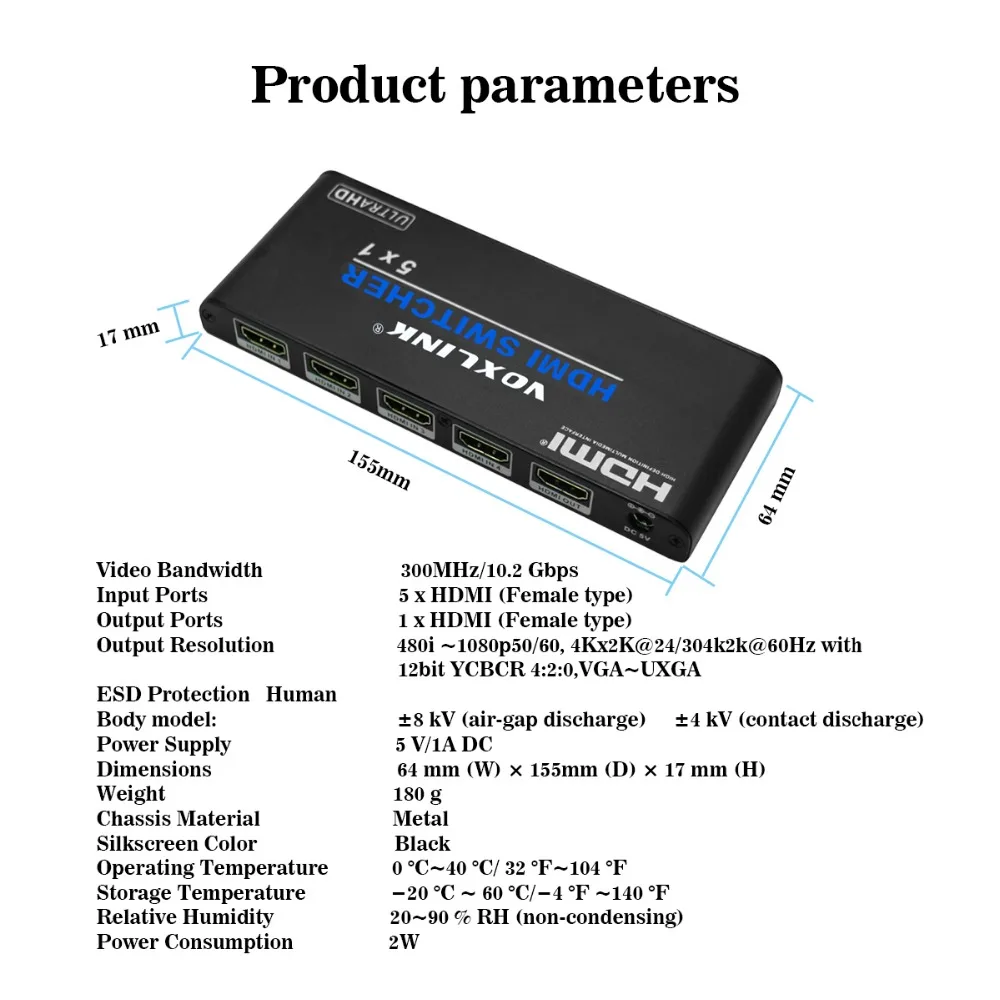 Voxlink UHD 1080 P 5x1 Переключатель HDMI 5 Порты и разъёмы hdmi2.0 Switcher конвертер коробки с