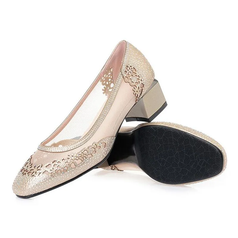 

2019 New Summer Fashion Rhinestone Mesh Women Sandals Hollow Breathable Women High Heel Shoes Non-slip Comfort Casual Shoes