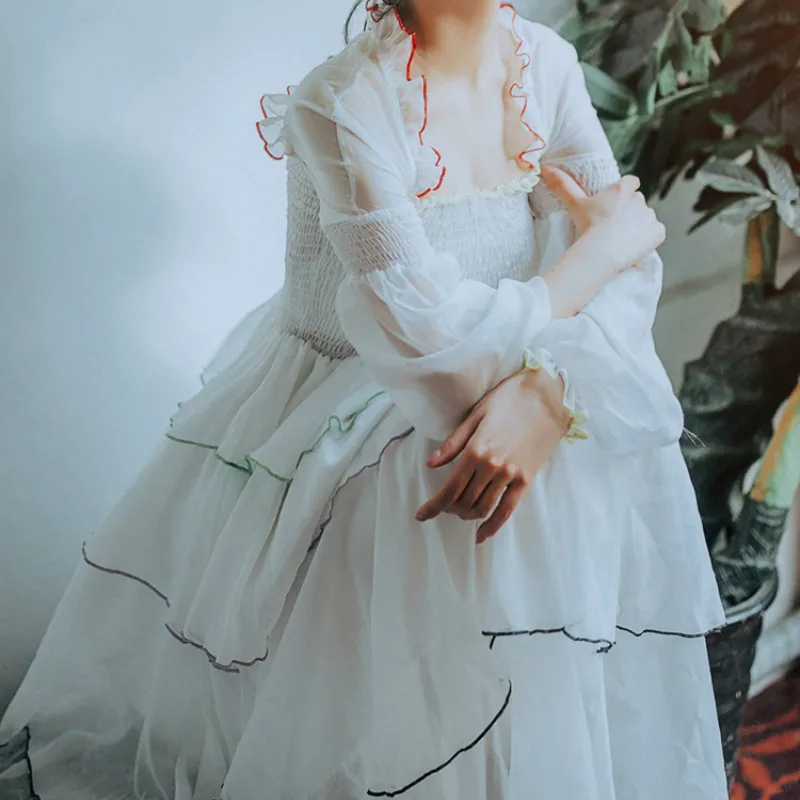 

2019 Autumn New Retro Fashion Chiffon Fairy Dress Square Neck Long Sleeve Ruffles Cake Party Dress Beach Vacation Dress Vestidos