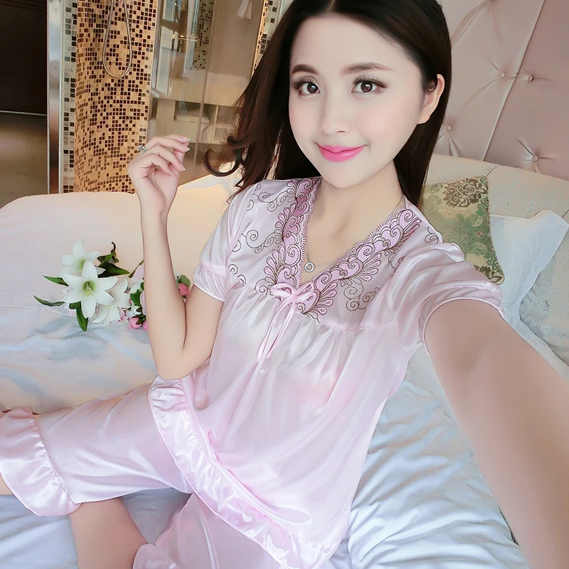 X Q 007 qian fen Пижамные комплекты для молодых девушек WAVMIT, весенне-летние пижамы для женщин, сексуальная пижама с рисунком, пижамный комплект, шелковая пижама для девочки, Mujer - Цвет: X Q 007 qian fen