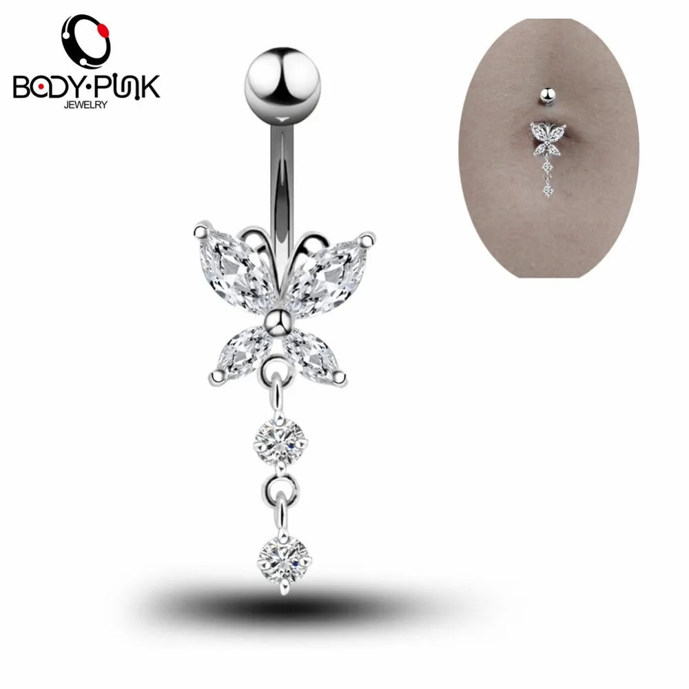 

BODY PUNK Luxury Brand Fashion Body Jewelry Silver Color With Rhinestone Butterfly Shape Belly Button Piercing Rings For Women