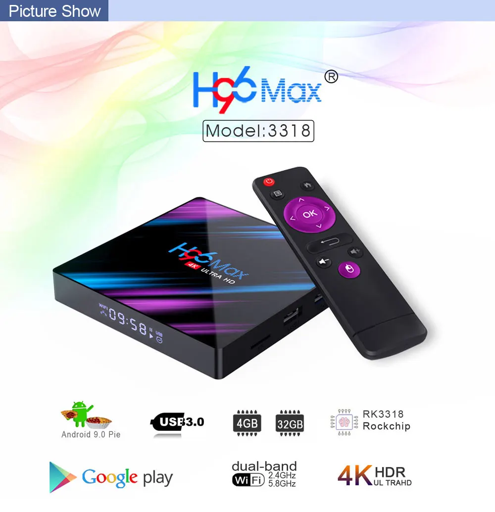 H96 Max Rk3318 четырехъядерный Android 9,0 Smart Tv Box 4G Ram 32G Rom 2,4/5G Wifi Bt H.265 Vp9 Hdr 3D Uhd 4K