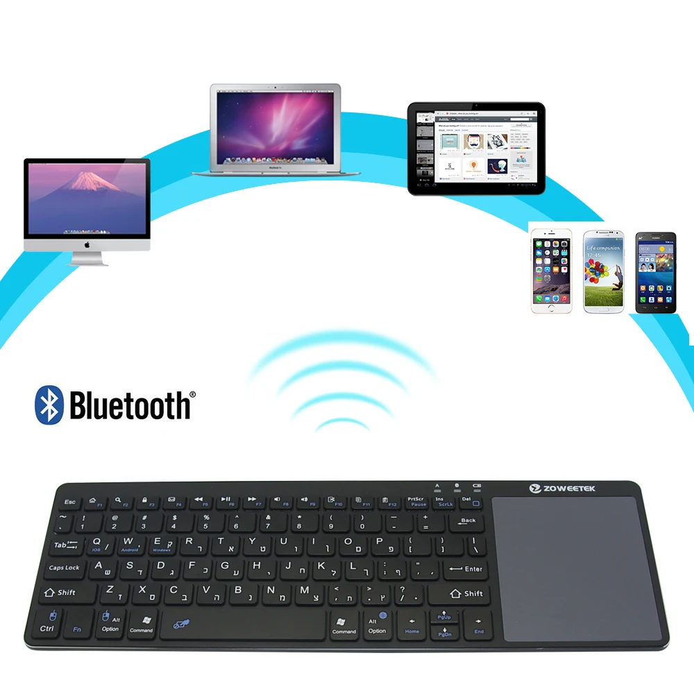Zoweetek K12BT 1 ультра тонкий беспроводной иврит Bluetooth клавиатура сенсорная панель