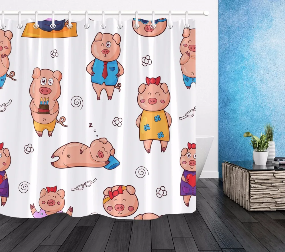 

Kids Cartoon Piggy Polyester Shower Curtain Farmhouse Bathroom Waterproof Eco-Friendly Washable Fabric Bath Curtains Home Decor