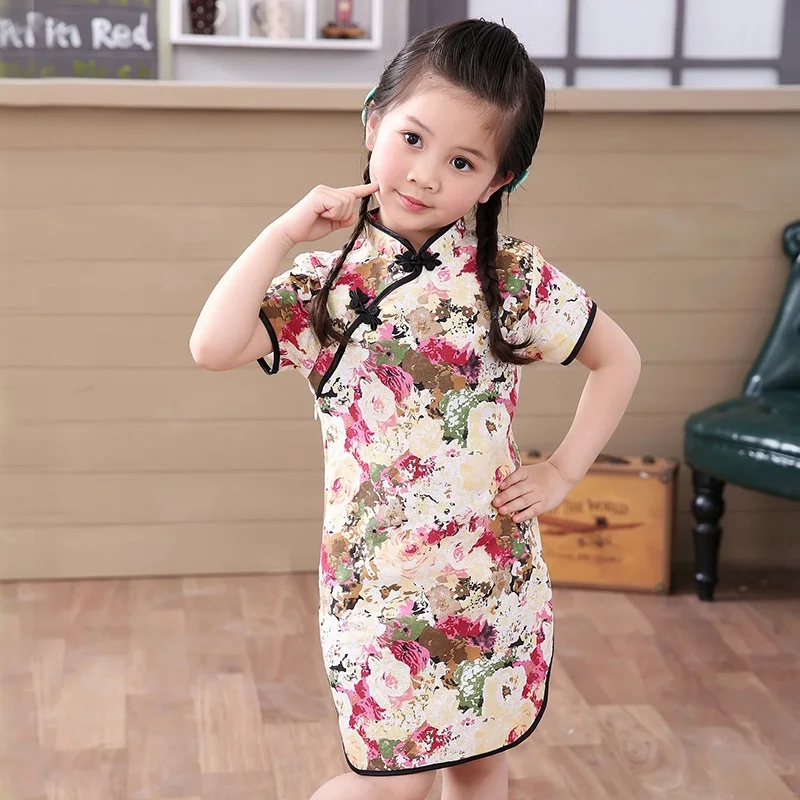

Floral Baby Girls Dress Chinese Traditional Children Chipao Dresses For Girl Cheongsam Cotton&Linen Clothes Kids Vestidos Tops