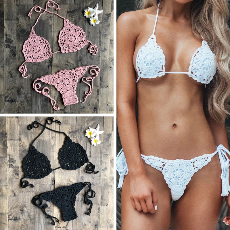 Sexy Bikini Set Women Crochet Swimsuit Solid Bikini Backless Swimwear Low Waist Bathing Suit Female Brazilian Bikini burgundy sexy backless self tie bikini set