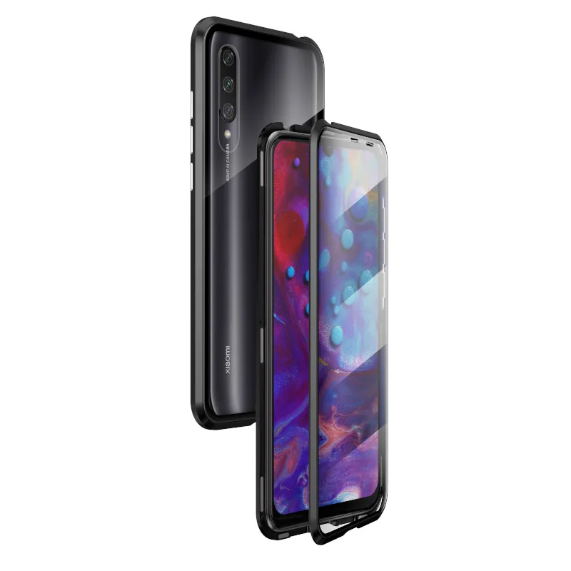 Передняя Задняя стеклянная Магнитная крышка для Xiaomi A3 Lite чехол Прозрачный Роскошный Алюминиевый металлический магнит чехол 360 полная защита - Цвет: Черный