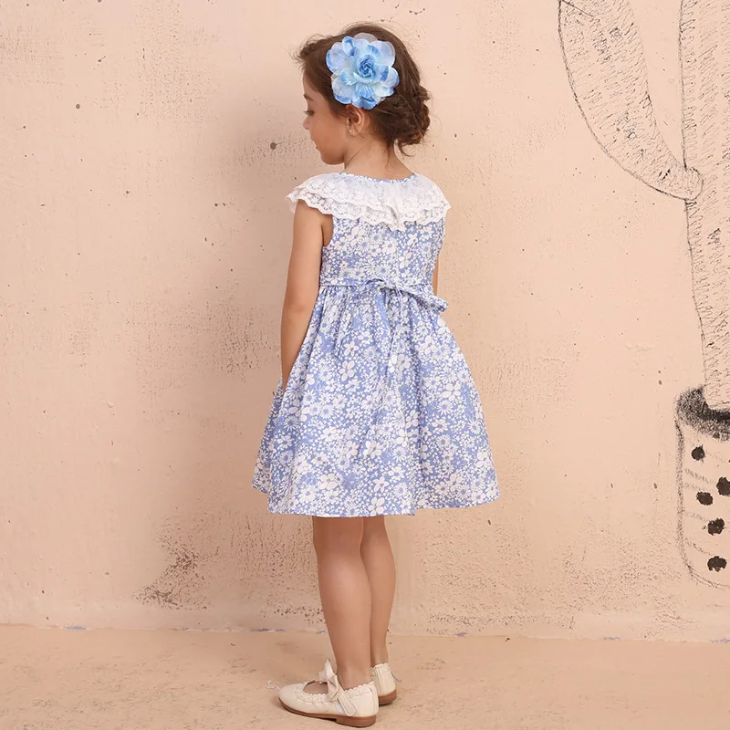 Cindy&ampNancy New Summer Girls Cute Pink Blue Floral Printed Lace O-neck Sleeveless 1-6yrs Cotton Woven Princess Casual Dresses | Детская