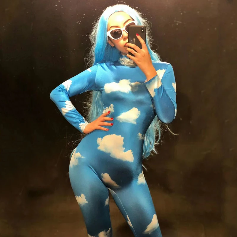 Синий Облегающий костюм с принтом Zentai боди сексуальный для леди вечерние Gogo DS Club