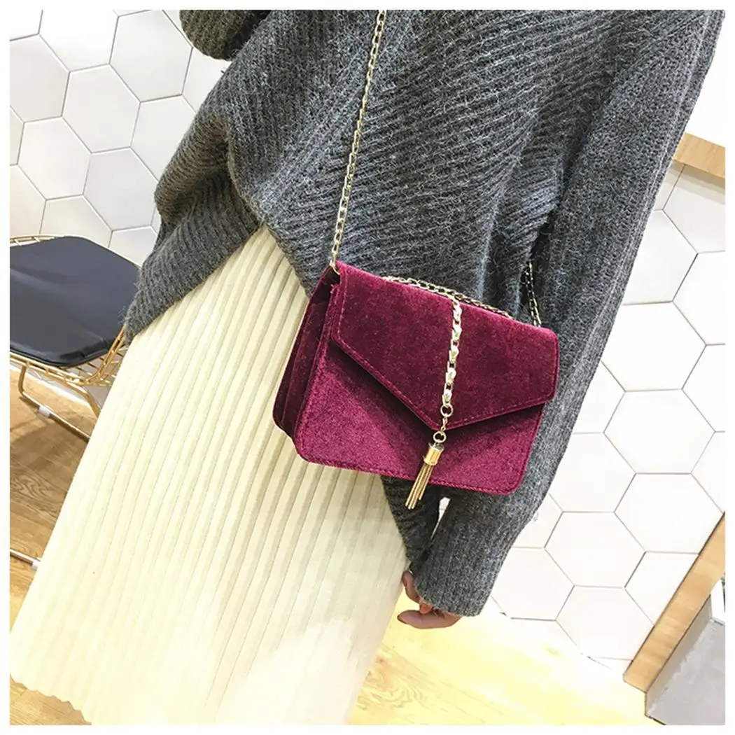 Women Fashion Solid Mini Flap Velvet One Shoulder Bag Metal Chain Snap Button Casual Party Wedding Cocktail Tassel Hard | Багаж и сумки