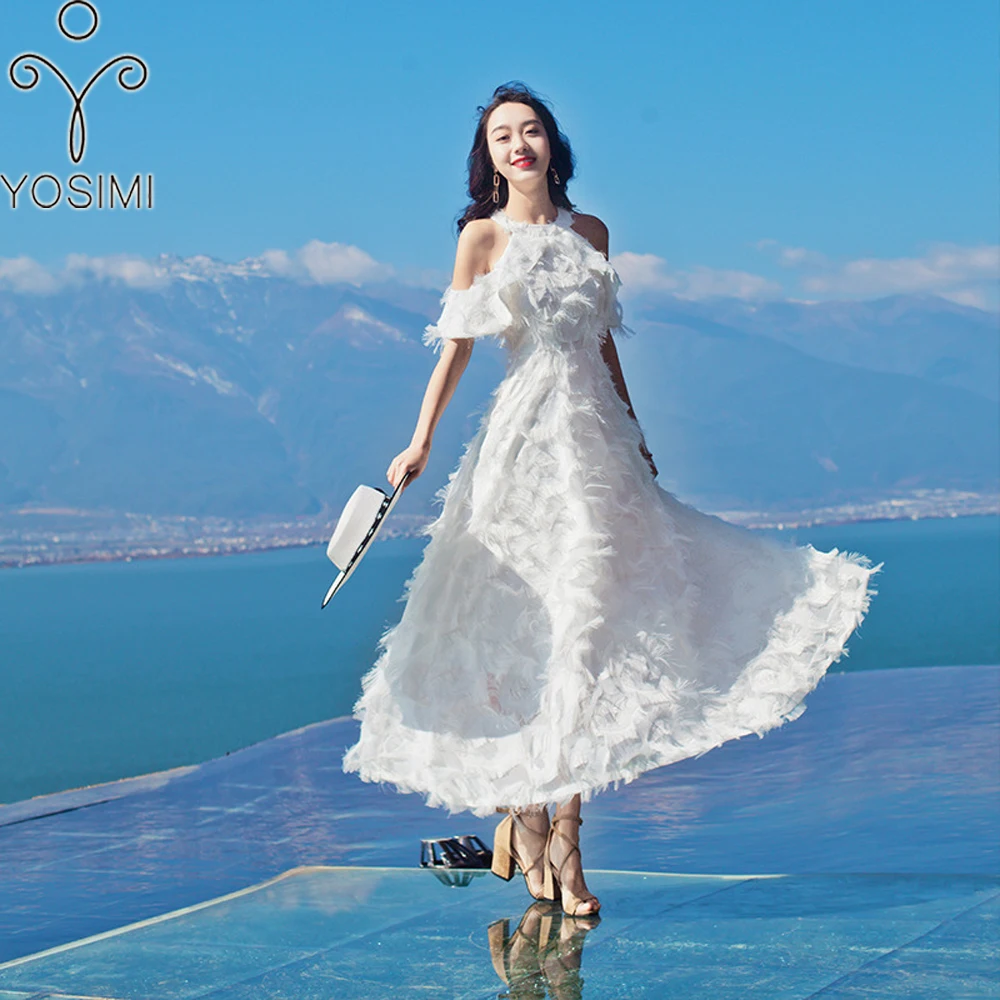 YOSIMI 2018 Summer Long Women Dress Maxi Elegant White Voile Feather 3D-Embroidery Short Sleeve Evening Party Fairy Halter | Женская