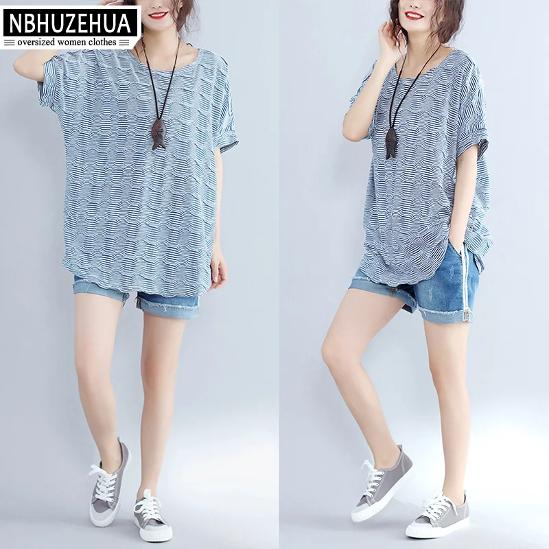 NBHUZEHUA T949 4XL 5XL 6XL Летняя женская футболка с круглым вырезом в полоску хлопковая