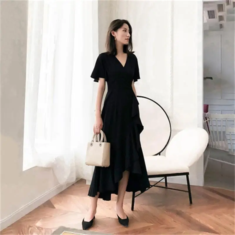 

Casual dress female summer New high quality Fashion v-neck retro high waist chiffon irregular ruffle fishtail dress women dress