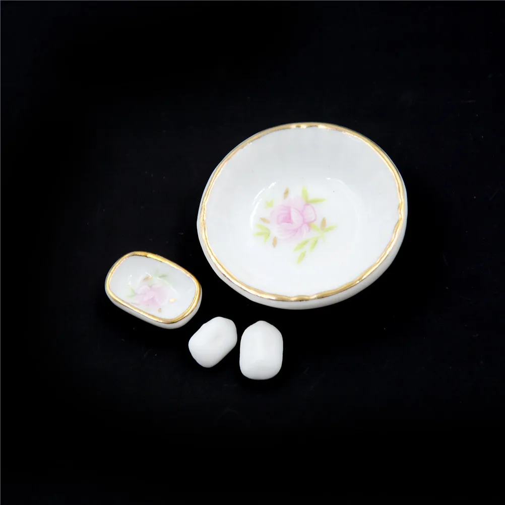 

8Pcs/set 1/12 Miniature Set Floral Ceramic Pastel Rose Dollhouse Bath Decoration Dolls Gift Kits Dollhouse Bathroom Accessories