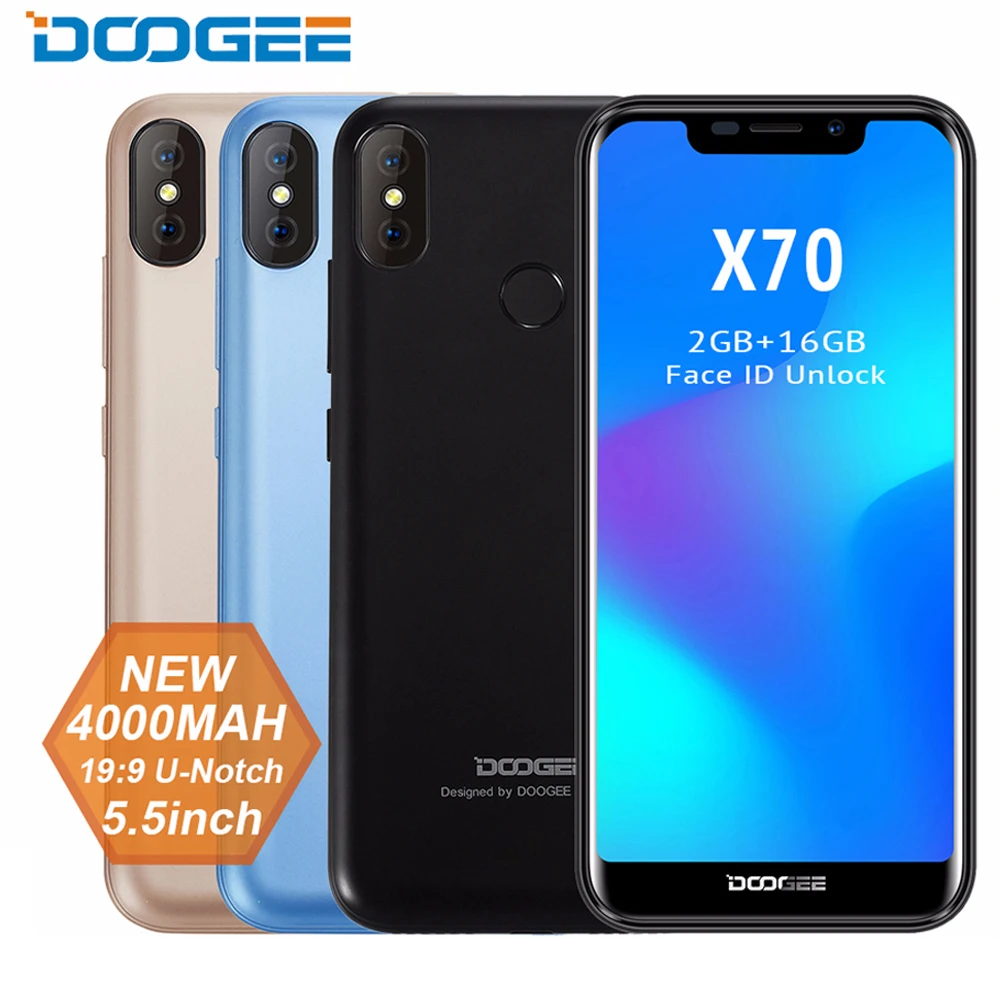 DOOGEE X70 смартфон 5,5 ''u-образная 19:9 MTK6580 четырехъядерный 2 Гб ОЗУ 16 Гб ПЗУ Двойная камера 8,0 МП Android 8,1 4000 мАч телефон
