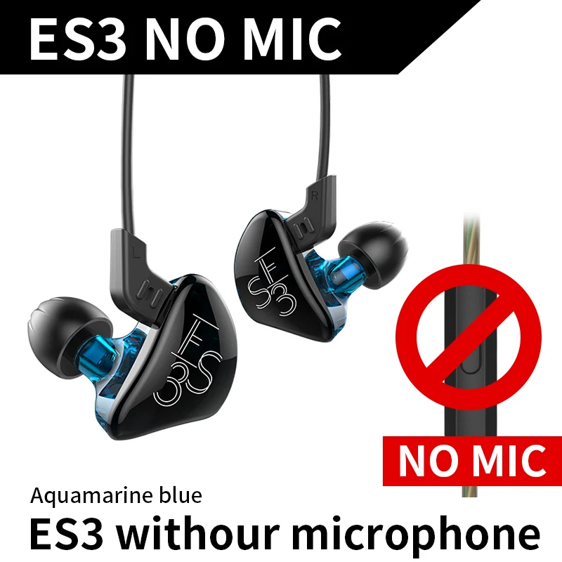 blue no mic KZ ES3 1DD+ 1BA Hifi спортивные наушники-вкладыши Динамический драйвер шумоподавление Гарнитура замена кабеля ZS10 ES4 - Цвет: blue no mic