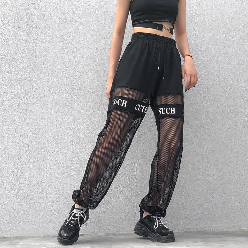 

Women mesh transparent wide leg pants casual sports trousers pocket loose high waist plus size patchwork Ladies breathable pants