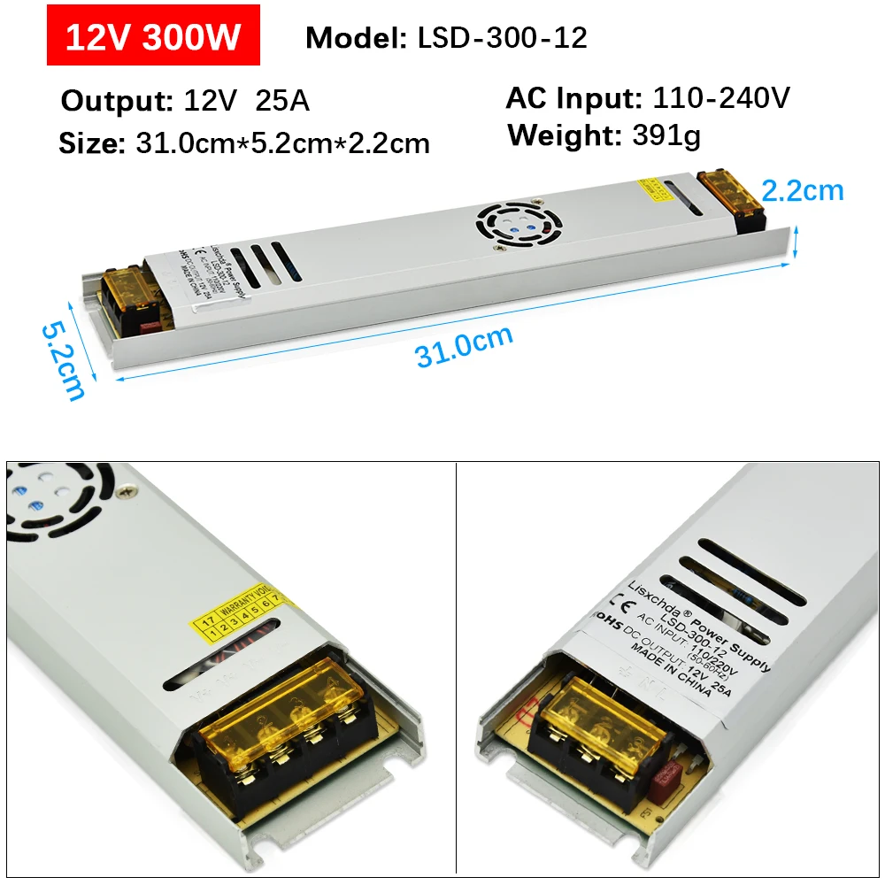 AC110-240V DC12V100W 150W 200W300W трансформатор для освещения светодиодный сверхтонкий адаптер питания для светодиодной ленты